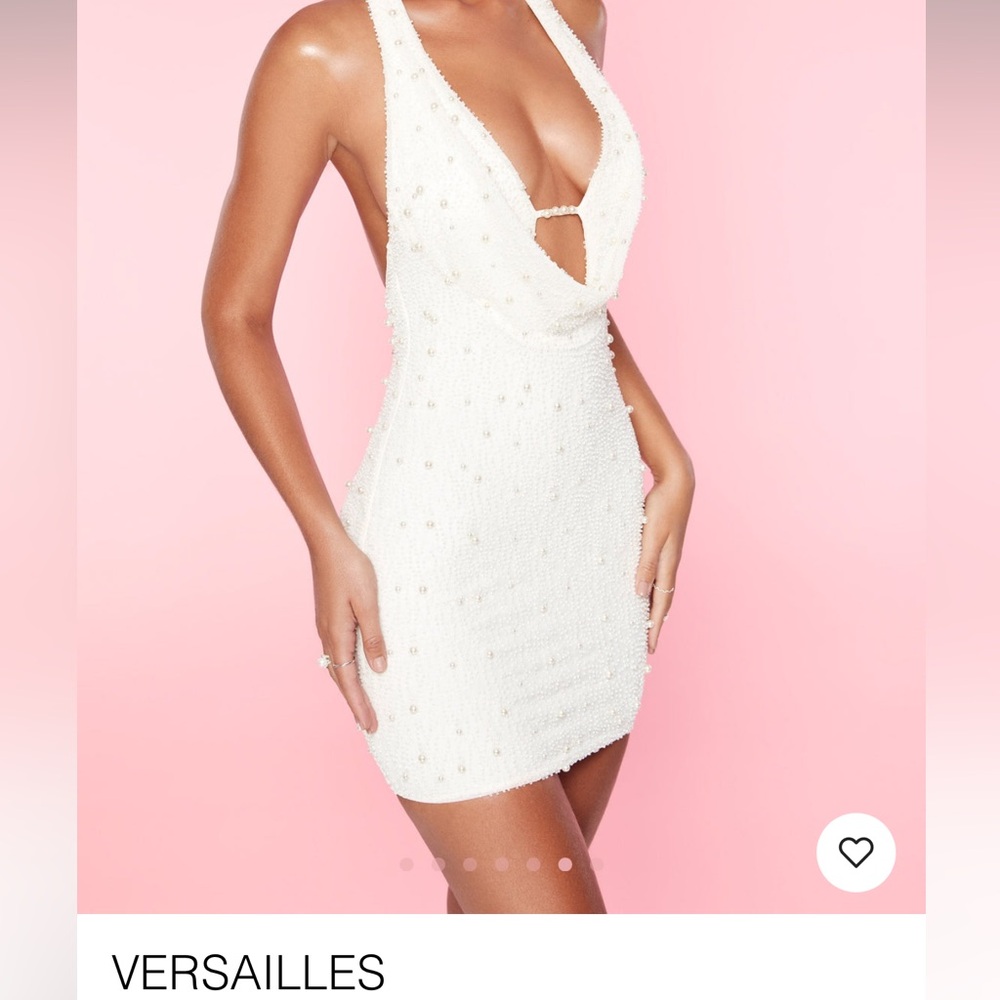 Oh Polly white deep plunged embellished mini dress with pearls size 8.